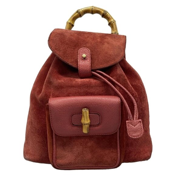Authentic GUCCI Bamboo Red Suede Leather Backpack br343-112025 - Picture 1 of 10